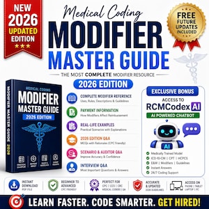 May include: A 2026 Medical Coding Modifier Master Guide book featuring a blue cover with a caduceus symbol. The guide includes a bonus AI chatbot, payment information, real-life examples, and 2026 edition Q&A for medical coders and auditors.