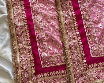 Sciarpa rosa bicolore stampata a blocchi, dupatta in seta Mehndi e Mayoun / Sciarpa da sposa pakistana con paillettes, gota e ricami a specchio.