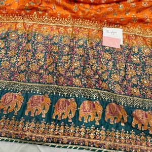 Dupatta de gasa naranja y verde azulada estampada a mano con bloques / Bufanda/Chaddar/Chal de novia pakistaní e india con adornos / Mughal