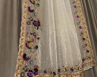 Pakistansk flerfärgad organza Nikkah-slöja | Handdekorerad, broderad bruddupatta med dabka och kraftiga paljetter, bröllopssjal