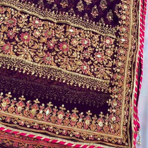 Purple Embellished Block Printed Chiffon Dupatta | Pakistani Indian Bridal Wear Scarf/Chaddar/Shawl with Sequins Gota & Mirror Work