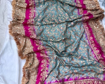 Block Printed Three-Shaded Gravel Grey Silk Dupatta | Pakistani Bridal Shawl with Sequins & Gota Work