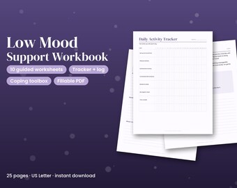 Werkboek voor depressie (printbaar), invulbare werkbladen voor een sombere stemming (pdf), gedragsactivering, zelfzorg, geestelijke gezondheid, therapiewerkbladen