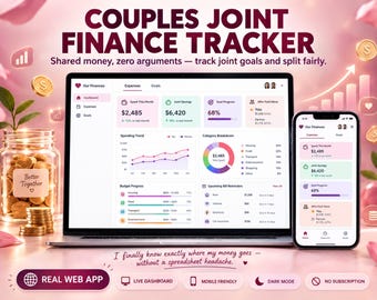 Planificador de finanzas conjuntas para parejas: panel de control en la aplicación web de Google Sheets para gastos compartidos, presupuesto conjunto y objetivos de ahorro.