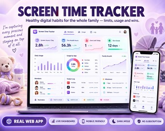 Control del tiempo de pantalla para familias: panel de control de la aplicación web de Google Sheets con gráficos de uso y registro de hábitos.