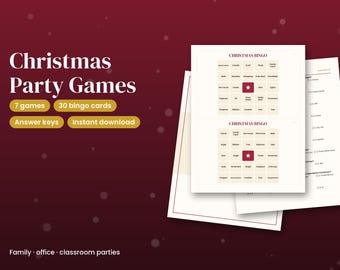 Paquete de juegos imprimibles para fiestas navideñas: Bingo navideño, Trivia, ¿Qué prefieres?, Juego de dados del elefante blanco, Family Office Classroom