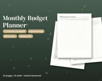 Monatlicher Budgetplaner zum Ausdrucken, ausfüllbarer Budgetordner (PDF), Ausgabenübersicht, Rechnungsübersicht, Rücklagen, Sparplaner