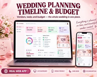 Tijdschema en budget voor de bruiloftsplanning - Google Sheets webapp-dashboard | Taken-, leveranciers- en gastentracker