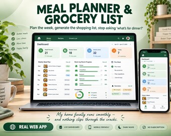 Meal Planner & Grocery List Google Sheets Web App | Auto Shopping List Dashboard