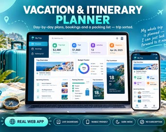 Vacation Planner Google Sheets Web App | Travel Itinerary & Trip Organizer