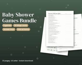 Baby Shower Games Bundle Printable, Gender Neutral Baby Shower Bingo, Nursery Rhyme Quiz, Baby Predictions, Advice Cards