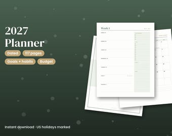 Agenda imprimible 2027, planificador semanal y mensual con fechas en PDF, planificador de objetivos, registro de hábitos, planificador de presupuesto, vista anual, tamaño carta.