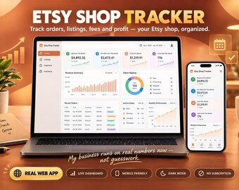 May include: A laptop and smartphone displaying the Etsy Shop Tracker web application dashboard with financial metrics, order summaries, and charts. The screen shows text including Etsy Shop Tracker, Plan Track Grow, and My business runs on real numbers now.