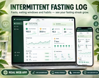 Registro de ayuno intermitente - Panel de control de la aplicación web de Google Sheets / Rastreador de ayuno y diario de comidas
