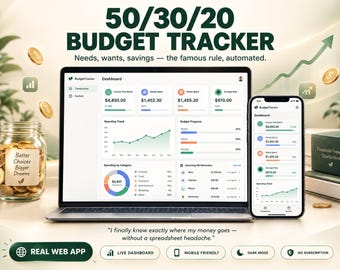 Planificador de presupuesto 50/30/20 - Panel de control de la aplicación web de Google Sheets / Sin suscripción / Finanzas personales