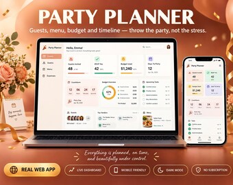 Aplicación web de Google Sheets para planificar fiestas: lista de invitados, presupuesto, menú y panel de control de cronograma para despedidas de soltera, bodas y cumpleaños.