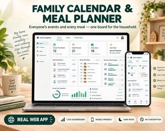 Family Calendar & Meal Planner | Google Sheets Web App | Family Organizer Dashboard with Meal Planning, Chore Chart, Household Planner