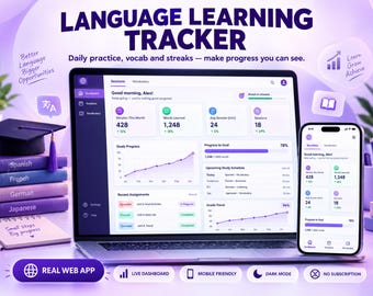 Aplicación web de Google Sheets para el seguimiento del aprendizaje de idiomas: registro de estudio, seguimiento de vocabulario, panel de progreso para cualquier idioma.