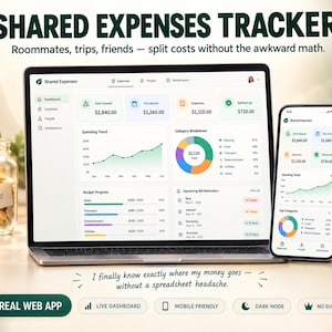 Op de afbeelding: Een laptop en smartphone tonen de interface van een web-app voor het bijhouden van gedeelde uitgaven met financiële dashboards, uitgavencurves, cirkeldiagrammen en voortgangsbalken voor budgetten. Het scherm toont de tekst Shared Expenses.