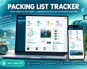 Packing List Tracker - Google Sheets Web App with Dashboard & Charts | Travel Organizer