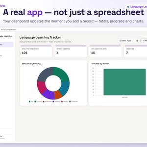 Language Learning Tracker Google Sheets Web App - Study Log, Vocabulary Tracker, Progress Dashboard for Any Language