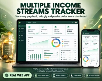 Rastreador de múltiples fuentes de ingresos: panel de control de la aplicación web de Google Sheets para trabajos secundarios, freelancers e ingresos pasivos.