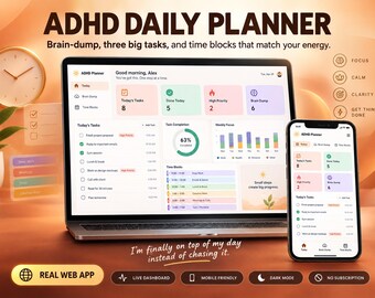 ADHD-dagplanner Google Sheets-webapp - Brainstormen en tijdblokkeringsdashboard