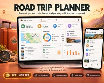Road Trip Planner Google Sheets Web App - Travel Itinerary Dashboard, Trip Budget & Packing List