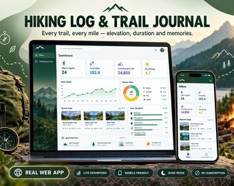 Registro de senderismo y diario de ruta: panel de control de la aplicación web de Google Sheets para excursionistas / Seguimiento de rutas, kilómetros y altitud