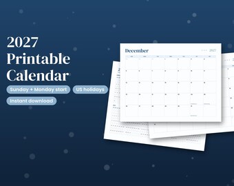 Calendario imprimible 2027, calendario mensual de pared 2027, resumen anual, días festivos de EE. UU., inicio en domingo y lunes, PDF tamaño carta, descarga instantánea.