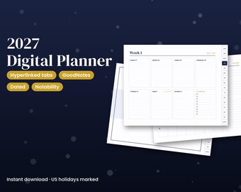 Agenda digital 2027, agenda GoodNotes con hipervínculos, agenda semanal y mensual con fechas, planificador de objetivos, registro de hábitos, presupuesto, Notability para iPad, formato horizontal