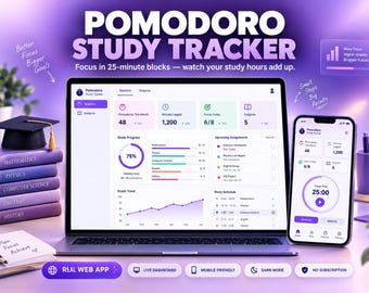 May include: A laptop and smartphone displaying the Pomodoro Study Tracker interface, featuring study progress charts, assignment lists, and session timers. A stack of books with a graduation cap sits nearby, alongside a notepad with the text Plan Focus Achieve.