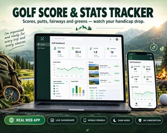 Registro de puntuaciones y estadísticas de golf - Panel de control de la aplicación web de Google Sheets / Diario de golf, registro de rondas, estadísticas de putts y fairways