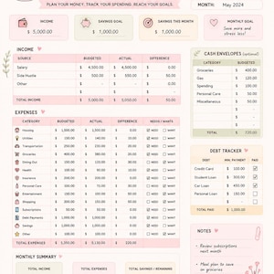 May include: A pink and white monthly budget tracker with sections for income, expenses, and savings. Includes a debt tracker and notes section. The text "Monthly Budget Tracker" is at the top.
