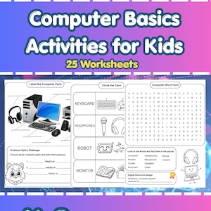 Puede incluir: Una colorida hoja de trabajo titulada "Computer Basics Activities for Kids" con 25 hojas de trabajo. El material educativo incluye actividades como etiquetar partes de la computadora, rodear términos y una búsqueda de palabras. Diseñado para los grados K-2, con respuestas incluidas.