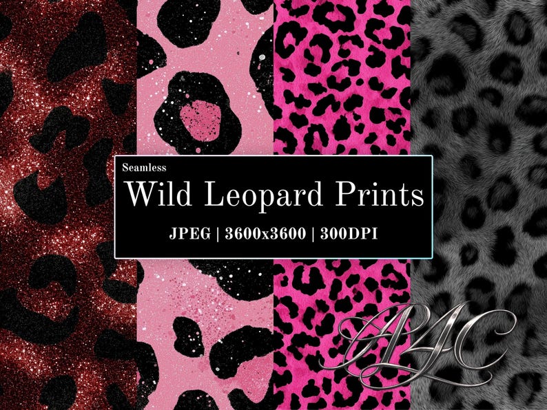 Wild Leopard Print Seamless Patterns, Pink Black Red Glitter Textures ...