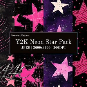 May include: A digital collection of four seamless patterns featuring neon pink and white stars on black and purple backgrounds. The text reads Seamless Pattern Y2K Neon Star Pack JPEG | 3600x3600 | 300DPI. A stylized AJC logo is visible in the bottom left corner.
