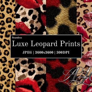 Puede incluir: Un gráfico digital que presenta cuatro patrones sin costuras distintos de manchas de leopardo y labios rojos. Una etiqueta rectangular negra central contiene el texto blanco: Seamless Luxe Leopard Prints, JPEG | 3600x3600 | 300DPI. Un logotipo plateado A4C está en la esquina.
