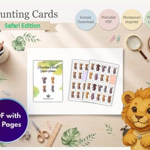 May include: Counting Cards Safari Edition printable PDF set with 56 pages. The document features illustrated animal cards for educational use. A cartoon lion character is visible in the corner. The layout includes text labels and colorful graphics.
