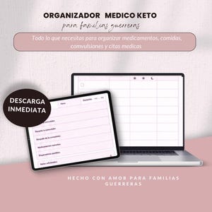 Pode incluir: Um planejador digital exibido em um tablet e um laptop. O tablet mostra um formulário para rastrear informações médicas, enquanto o laptop exibe um calendário. O texto inclui "ORGANIZADOR MEDICO KETO" e "DESCARGA INMEDIATA".