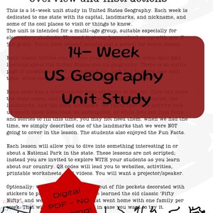 Peut inclure: Un document d'étude de géographie américaine de 14 semaines intitulé Road Trip America. La page contient des instructions, une carte des États-Unis et un graphique en forme d'étoile rouge avec le texte Digital PDF - NO shipping! en noir et blanc.