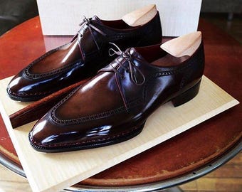 Handgemaakte tweekleurige bruine leren herenschoenen, Italiaanse derby voor heren, nette schoenen