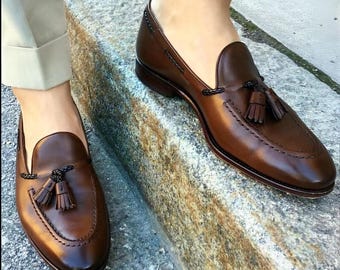 Handmade Brown Leather Dress Shoes Men, Slip On Loafers For Men, Tassel Moccasin
