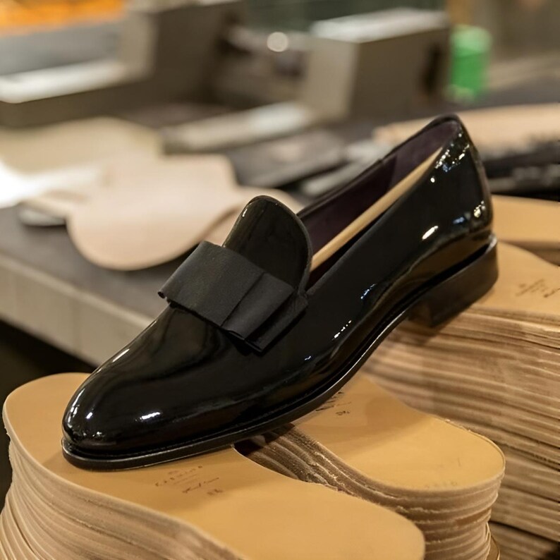 Handmade Black Patent Leather Dress Shoes Men, Slip on Loafers for Men ...