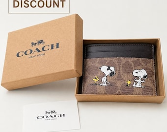 Snoopy Inspired Card Holder Wallet, Brown Monogram Zip Coin Pouch, PU Leather Case