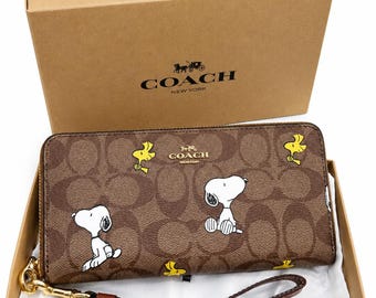 Snoopy Cartoon Print Zip Around Long Wallet Wristlet Brown Signature Canvas Gift for Her