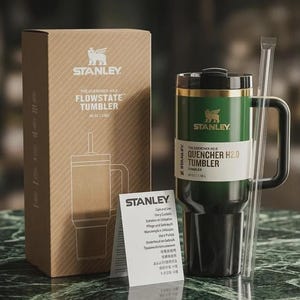 Puede incluir: Un vaso Stanley Quencher H2.0 Flowstate verde y negro con asa y pajita. El vaso es de 1,18 L y viene con una caja de cart&oacute;n e instrucciones de cuidado. El logotipo de Stanley es visible.