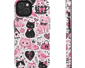 Rosa Kawaii Katze Vogel Muster Handyhülle | Feminine Girly Herzen Bögen Miau Blumen Krone Königin Geldbörse Schmetterling Handy Fall Abdeckung