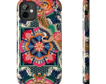 Kraniche & Blumen Mandala Medaillon Japan Oriental Ornament Vogel Rosa Blumen Grün Weiß Blau Handyhülle | Robuste Hülle