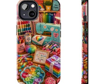 Bunt Nähzimmer Regenbogen Bastelbedarf Stich Maschine Handwerk Muster Stoff Hobby Rosa Grün Blau Nadelkissen Handy Abdeckung Fall